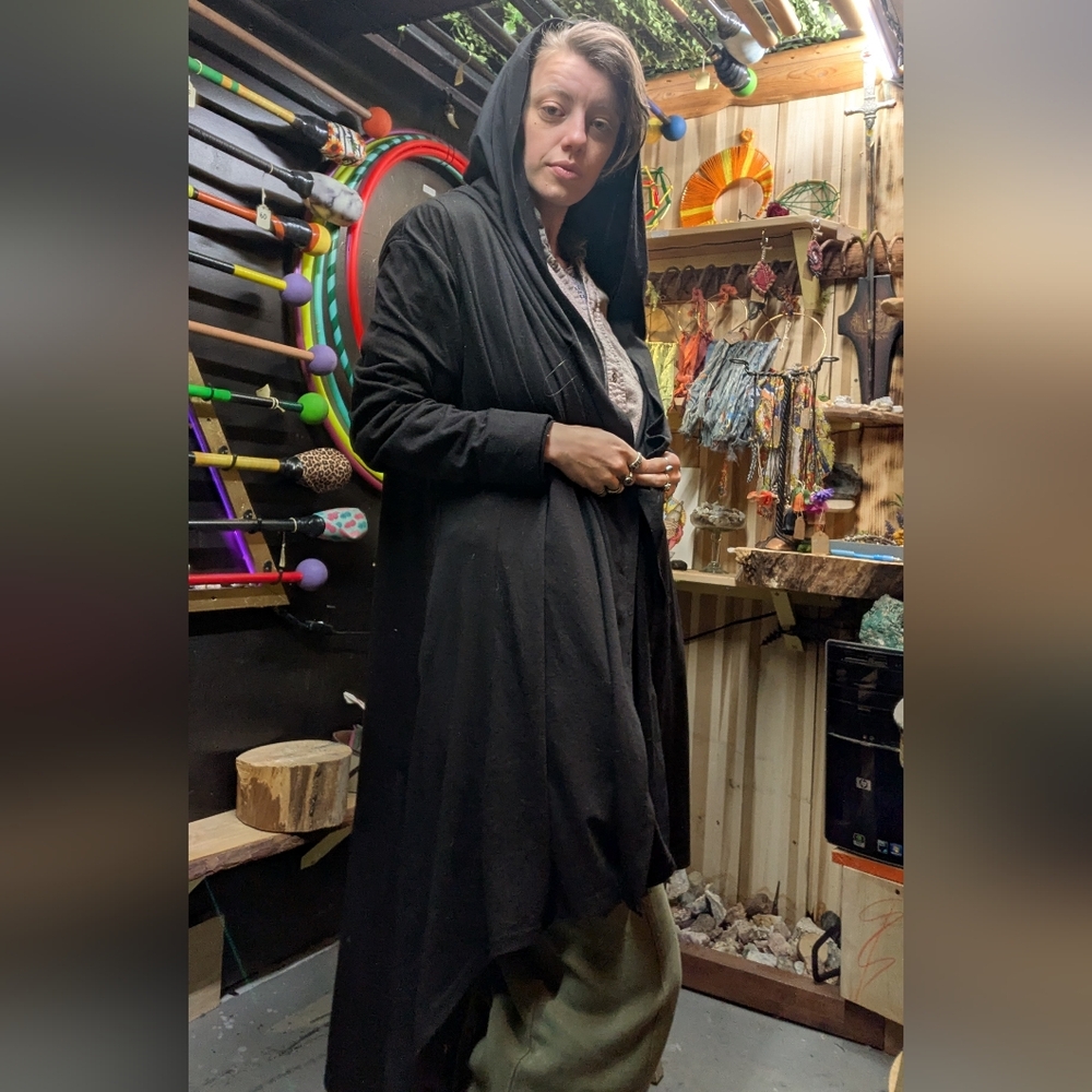 Black Hooded Long Drape Cardigan